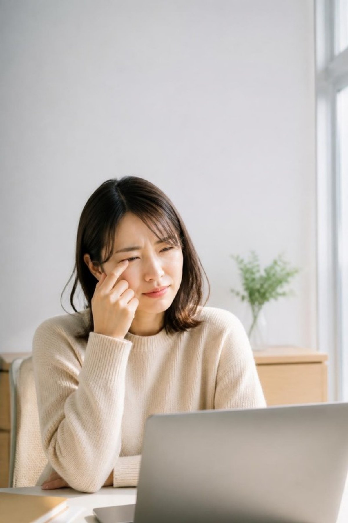 パソコンの前で、目元に指を当てて違和感を気にする女性